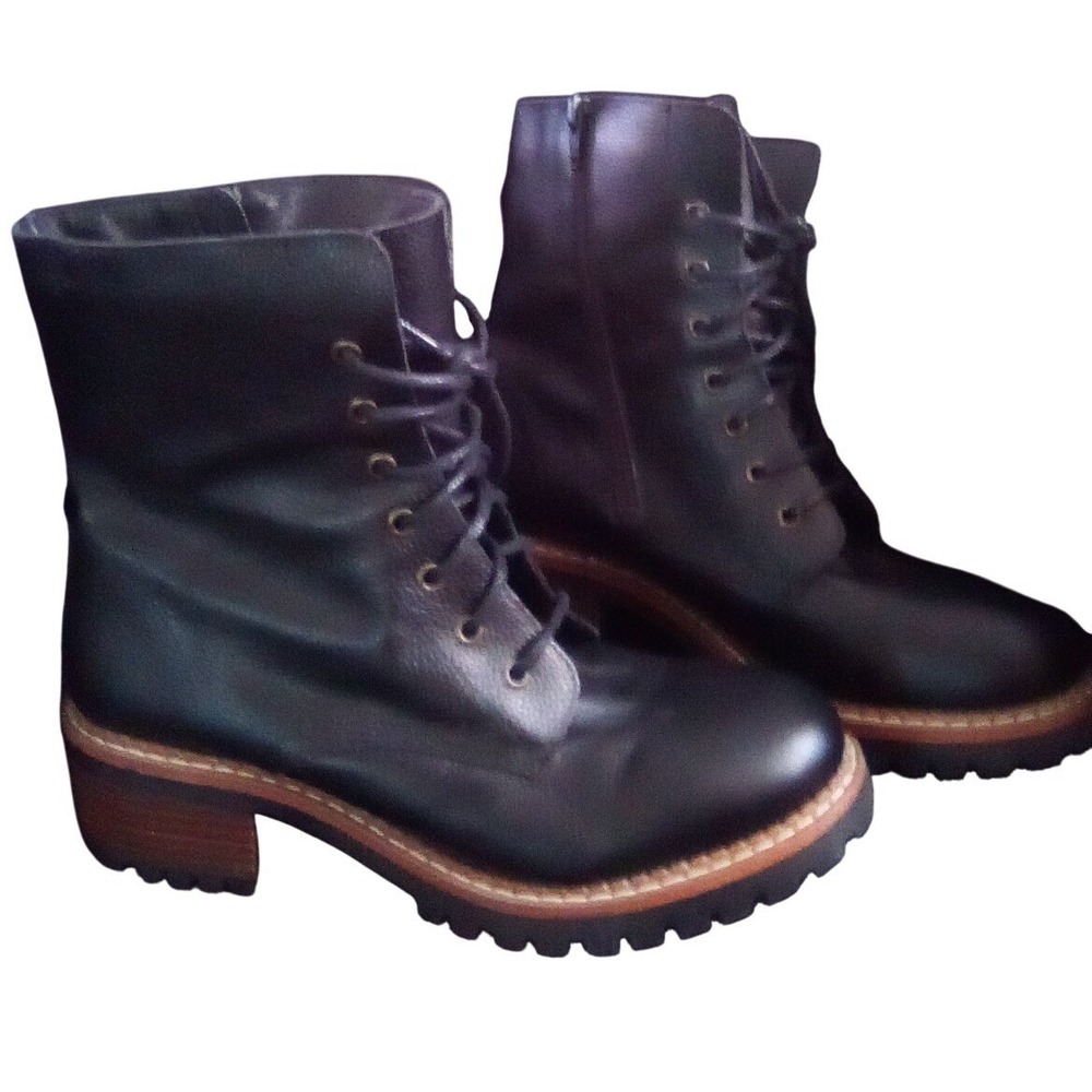 Black Leather Combat Boots Lace Up Side Zip Lug Sole Block Heel Womens 9